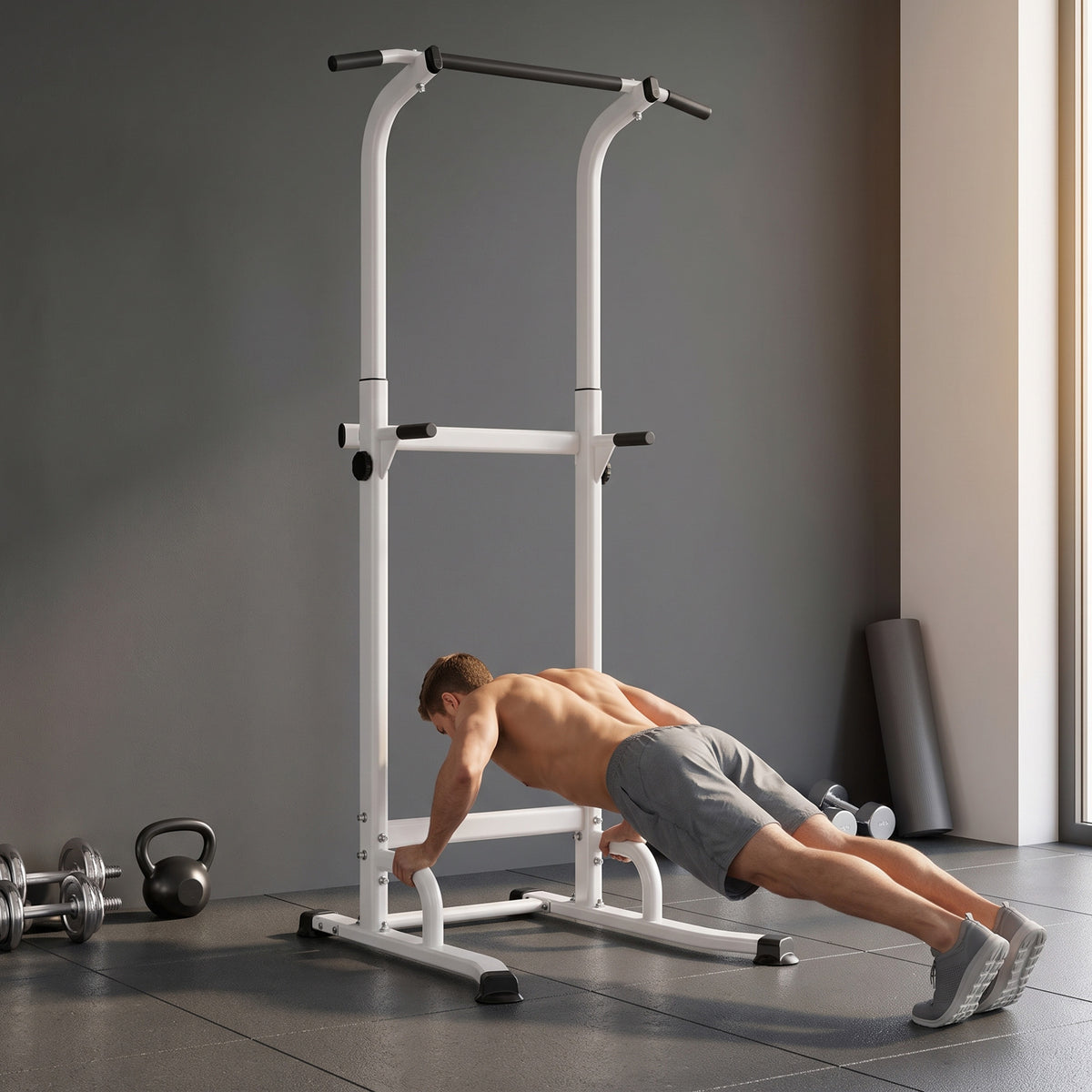 Power tower dip barre de traction autoportante réglable en hauteur cadre acier 91,5 x 97,5 x 176,5-227 cm pour la maison-7