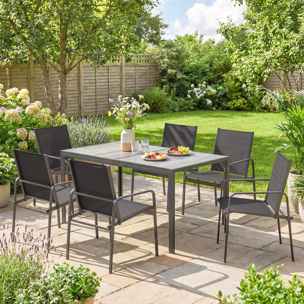 Salon de Jardin Extérieur pour 6 Personnes, Table de Patio Effet Bois et Chaises avec Assise en Maille Respirante, Cadre en Acier Galvanisé, Noir-7