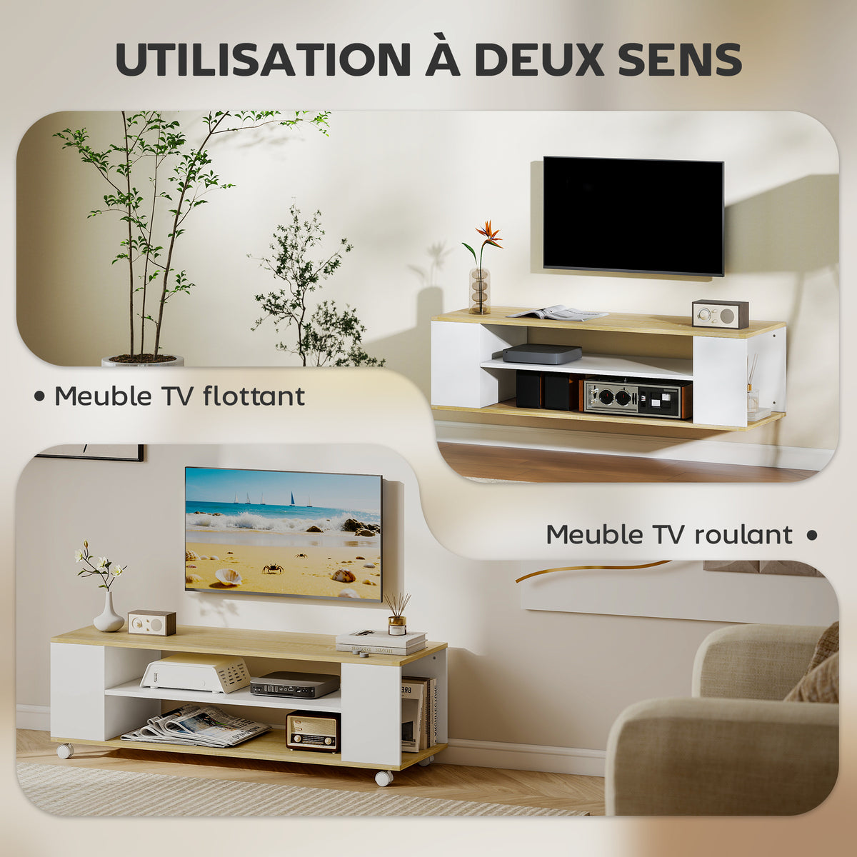 Meuble TV avec roulettes 120 cm, meuble télé pour téléviseur jusqu'à 55 pouces, 2 étagères ouvertes, blanc et naturel-4