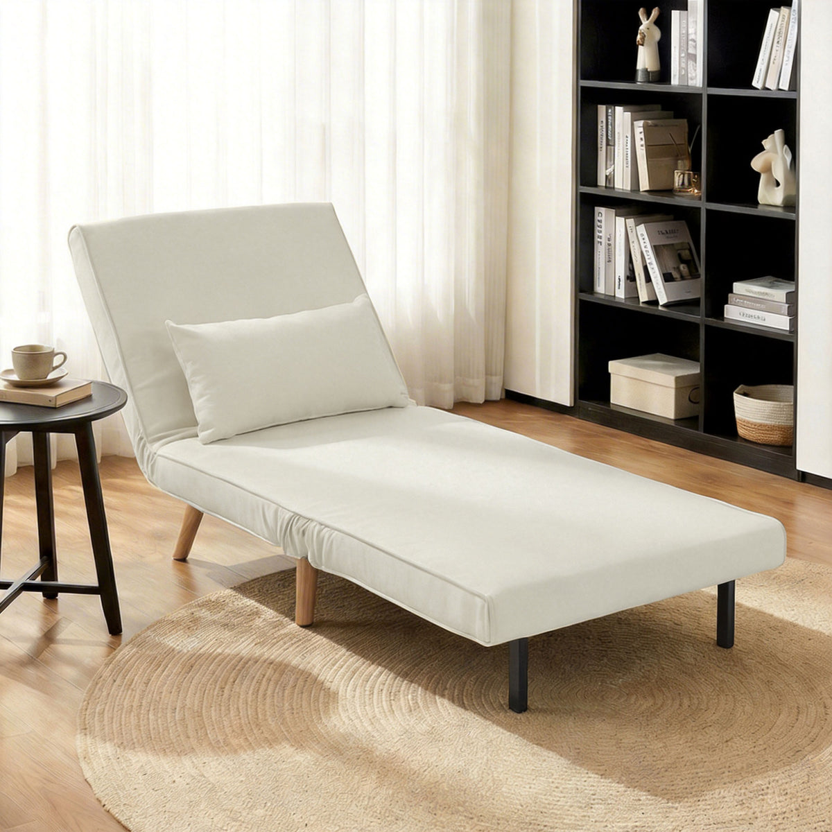 Fauteuil chauffeuse convertible 3 en 1 lit fauteuil lit 1 place dossier 5 positions en tissu avec coussin, crème-1