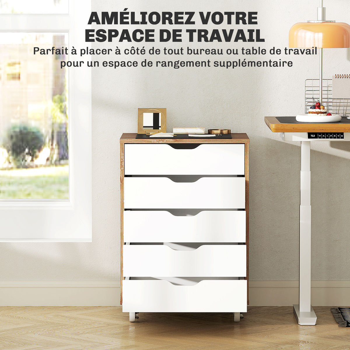 Caisson bureau mobile, meuble rangement bureau sur roulettes, 5 tiroirs, 47,5 x 39,5 x 67,5 cm, blanc et chêne-3