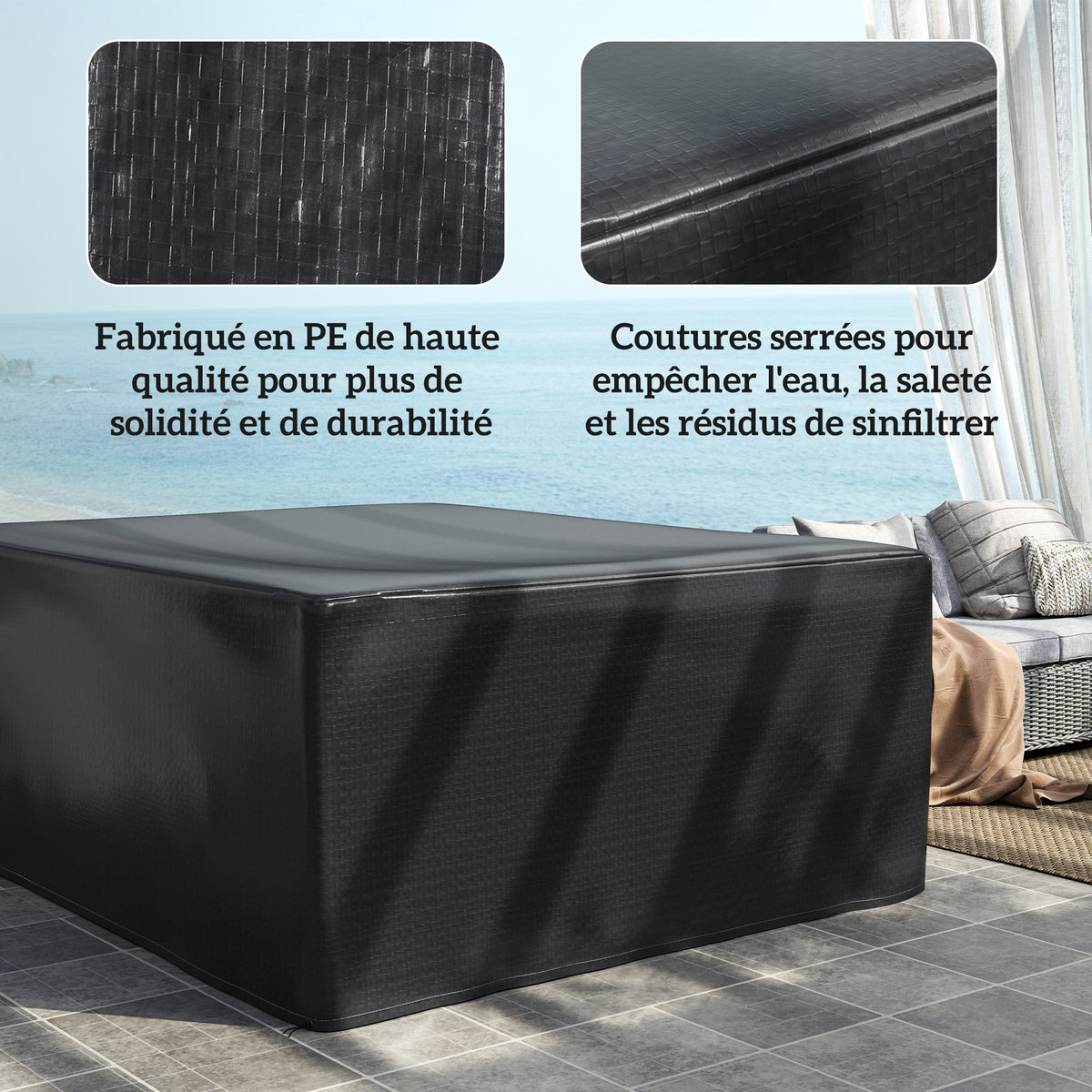 Housse salon de jardin extérieure bâche de protection extérieure anti-UV  en polyéthylène 235 x 190 x 90 cm noir-4