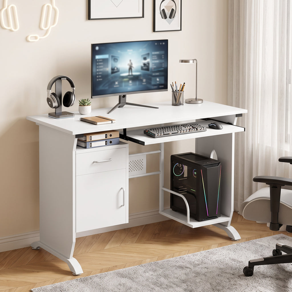 Bureau d'ordinateur, 100 x 52 x 75 cm, tablette coulissante pour clavier, tiroirs et support d'unité centrale, blanc-7