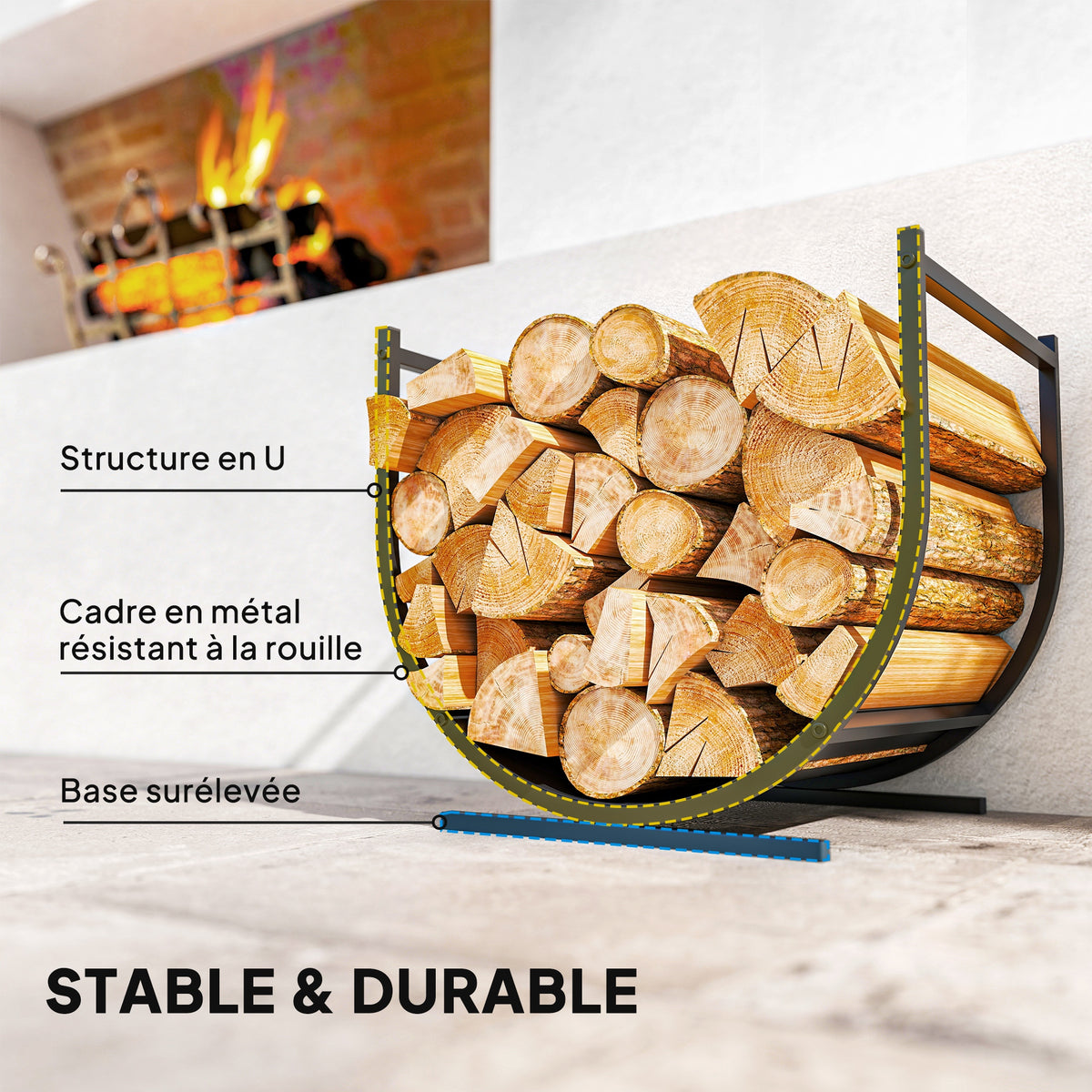 Range-bûches porte buche de cheminée incurvé robust pour intérieur et extérieur, cadre en métal, 43 x 33 x 38 cm, noir-3