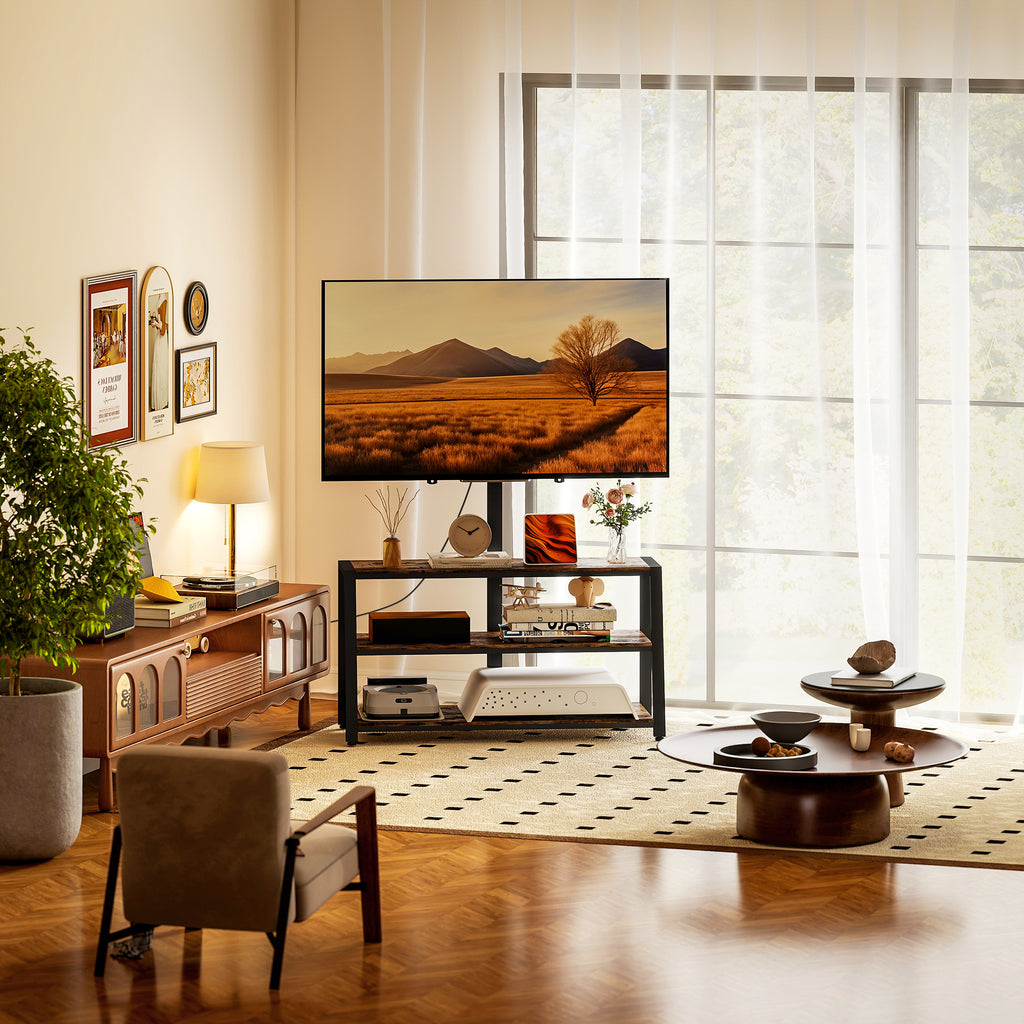 Meuble TV avec support pour téléviseurs de 32-70 pouces, étagères ouvertes, angle ajustable 35°, 108x41x135cm, marron-7