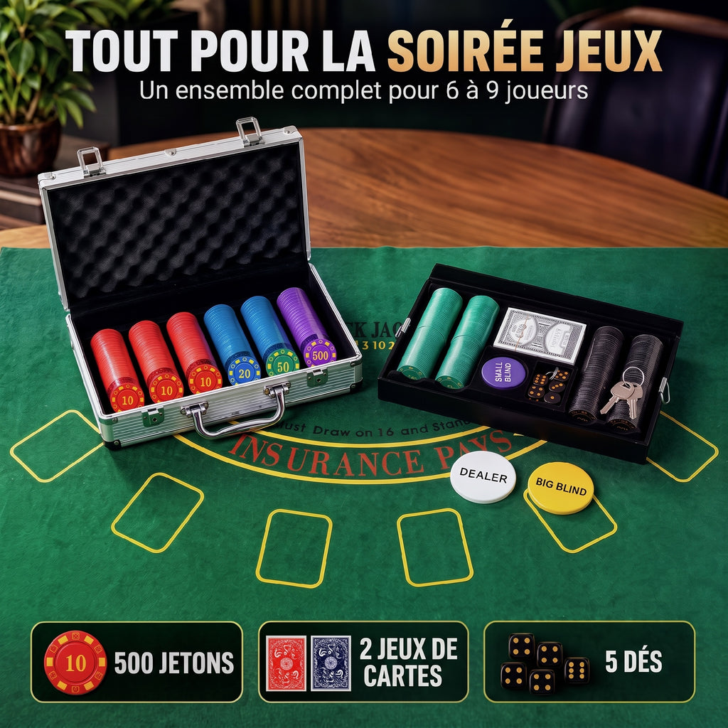 Mallette de Poker 500 Jetons 5 Valeurs, 2 Jeux de Cartes, Tapis de Jeu, Bouton Dealer, Blind, Alu, 31x17x11,5cm, Argenté-3