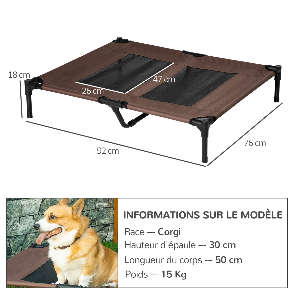 Lit sur pieds lit pour chien chat lit de camp lit surélevé animaux grand confort tissu Oxford textilène micro-perforé métal 92L x 76l x 18H cm café-2