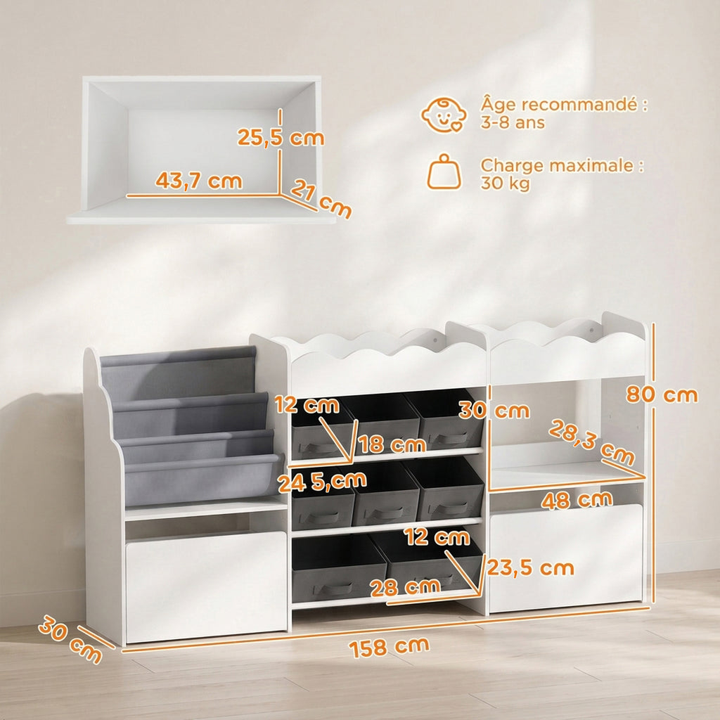 Meuble de rangement jouets enfant avec bibliothèque, 8 bacs en tissu, 2 tiroirs à roulettes et étagères ouvertes, blanc-2