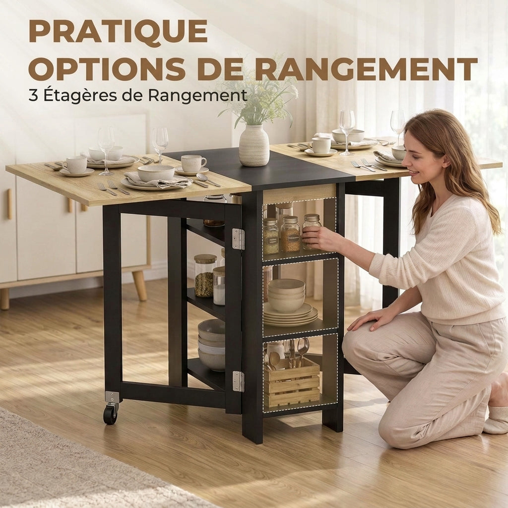 Table à Manger Pliante sur Roulettes, Table de Cuisine pour 2 à 4 Personnes avec Étagères de Rangement, Chêne et Noir-3