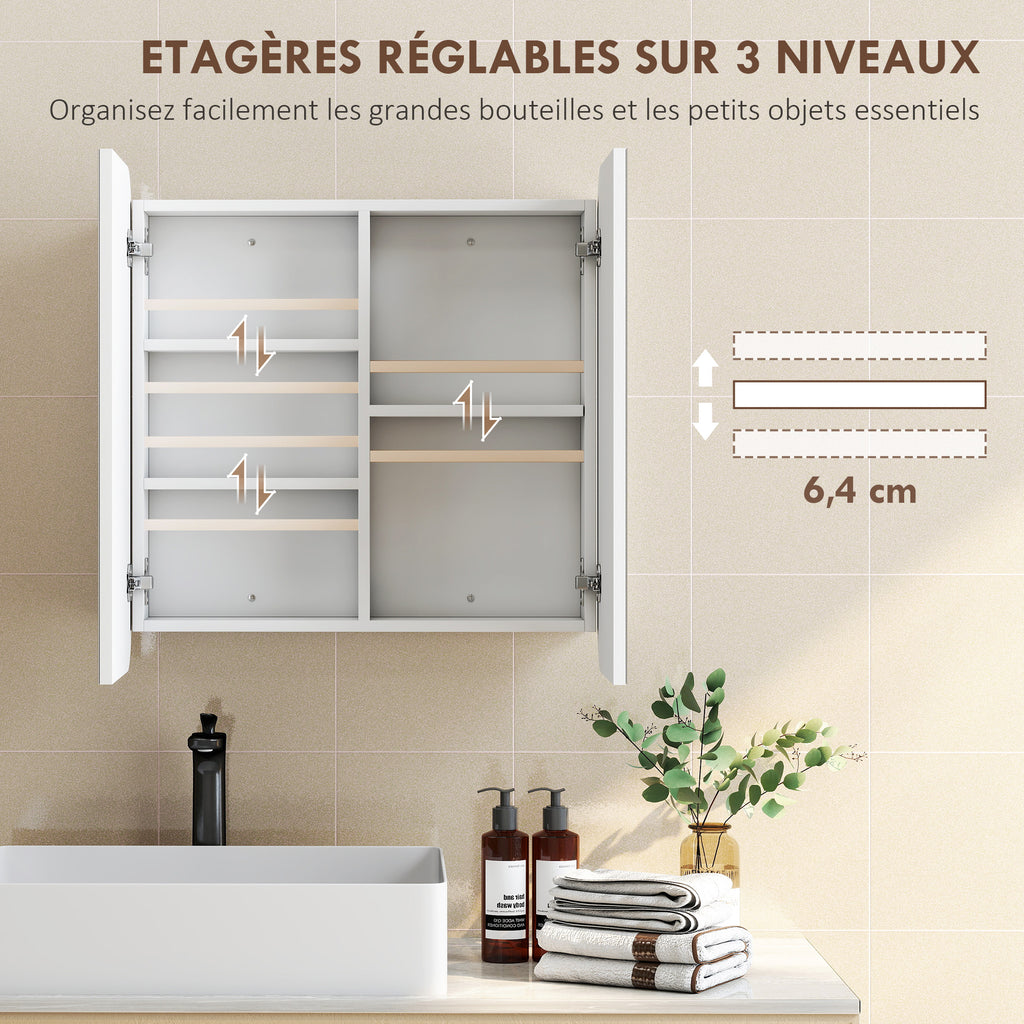 Armoire murale salle de bain avec miroir arqué meuble salle de bain étagère réglable portes miroir 68 x 13 x 66 cm blanc-5