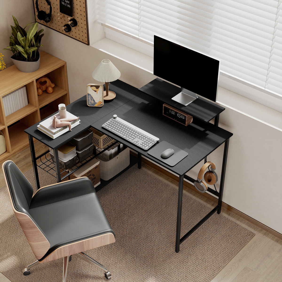 Bureau gaming réversible, bureau gaming d'angle, support pour écran, étagère en maille réglable, 114,5x82x91,5cm, noir-7
