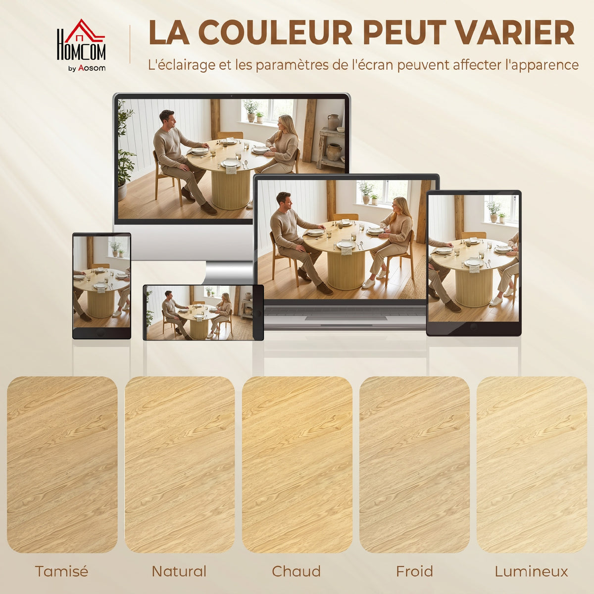 Table à manger ronde pour 4-6 personnes, Ø 120 x 75 cm, table de cuisine avec base cylindrique cannelée, bois naturel-6