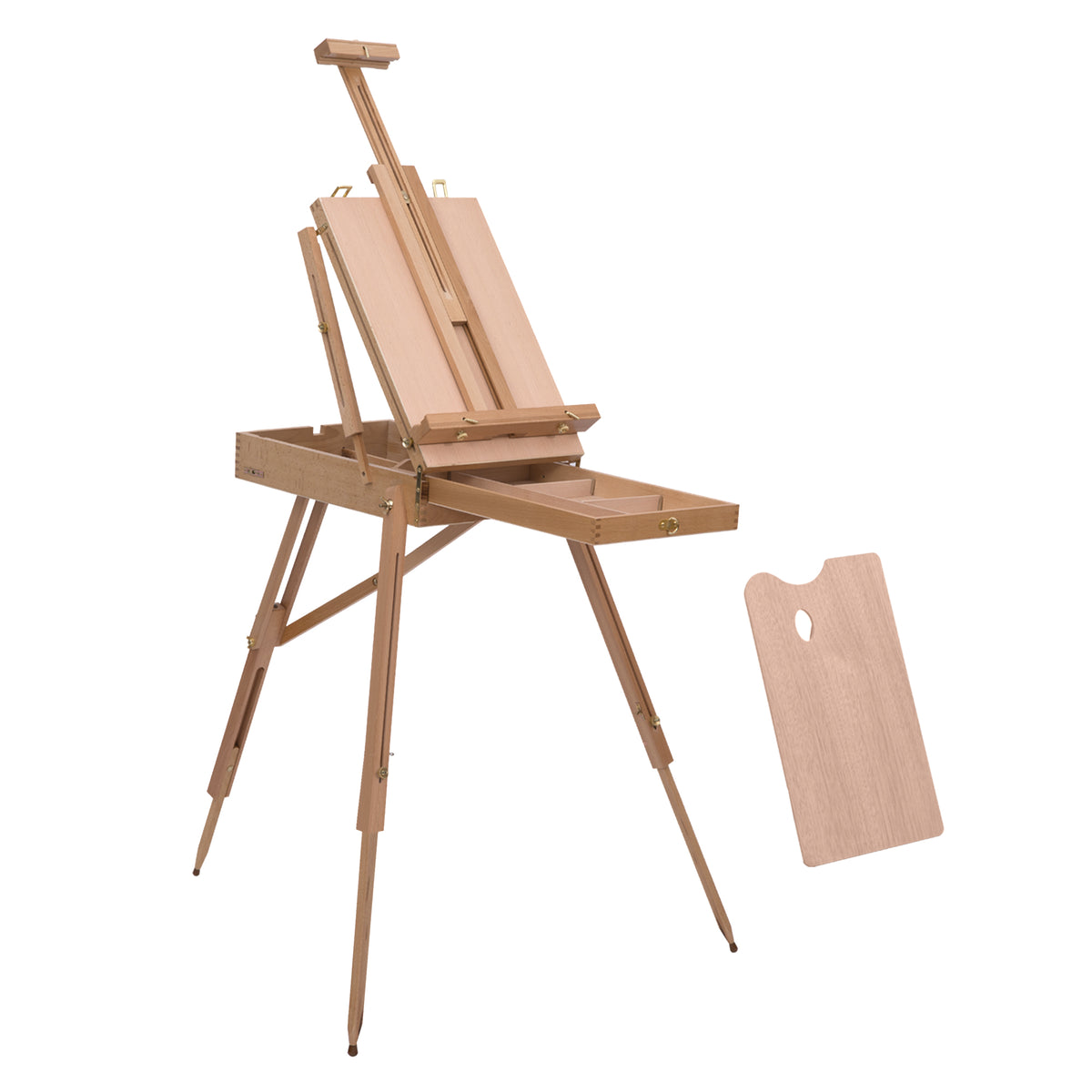 Chevalet d'Artiste sur Pieds Pliable, Mallette de Peinture, Chevalet avec Rangement, Hauteur Réglable, Bois de Hêtre Clair-0