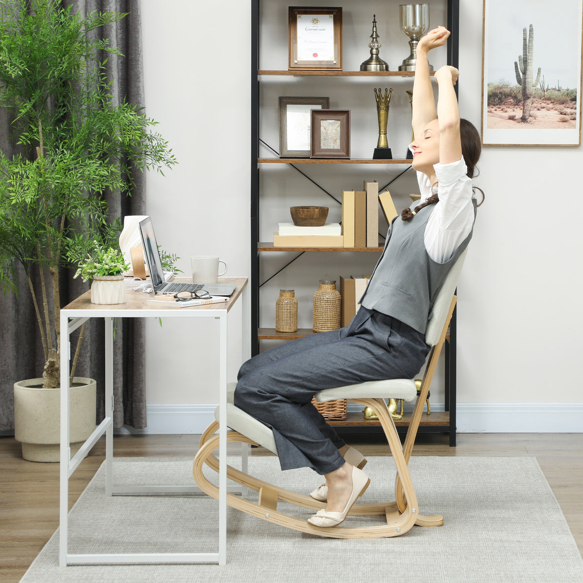 Siège assis genoux, tabouret ergonomique en bois à bascule avec dossier, chaise à genoux pour bureau à domicile, crème-7