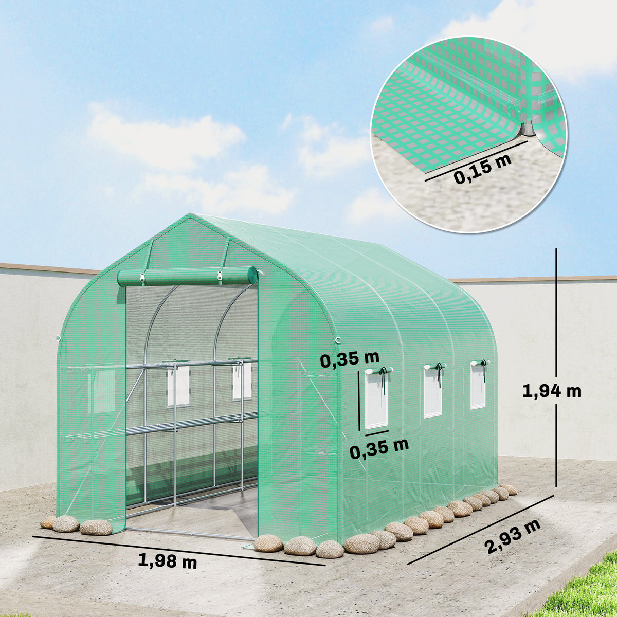 Serre tunnel de jardin 6m², serre de jardin avec étagères, porte et 6 fenêtres, cadre en acier galvanisé, vert-2