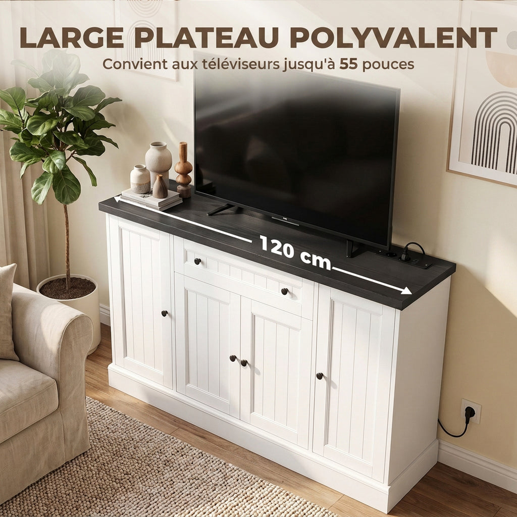 Buffet Salon avec Station de Charge, Meuble de Rangement avec 4 Portes, Tiroir, Étagères Réglables, Blanc et Noir-5