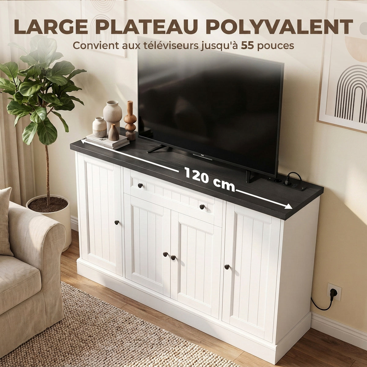 Buffet Salon avec Station de Charge, Meuble de Rangement avec 4 Portes, Tiroir, Étagères Réglables, Blanc et Noir-5