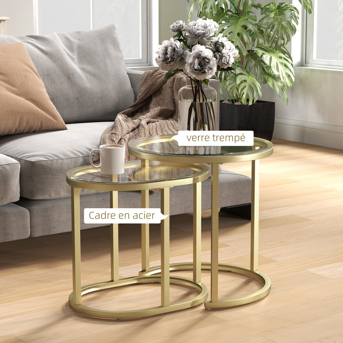 Lot de 2 tables basses tables d'appoint gigognes encastrables structure en acier et plateau verre trempé transparent or-4