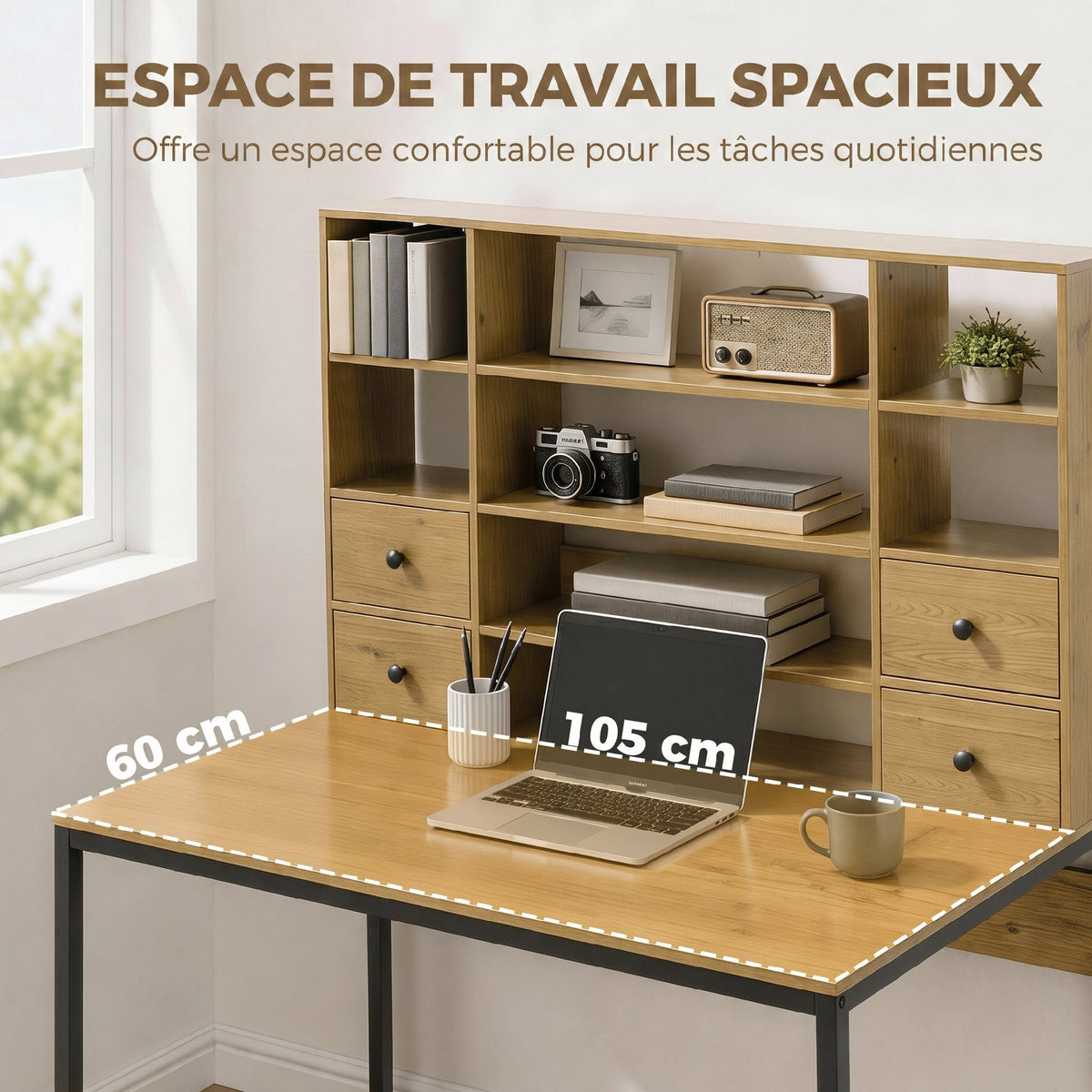 Bureau d'ordinateur avec 4 tiroirs, 105 x 60 cm, bureau avec rangement, étagères ouvertes, 105 x 60 cm, bois naturel-4