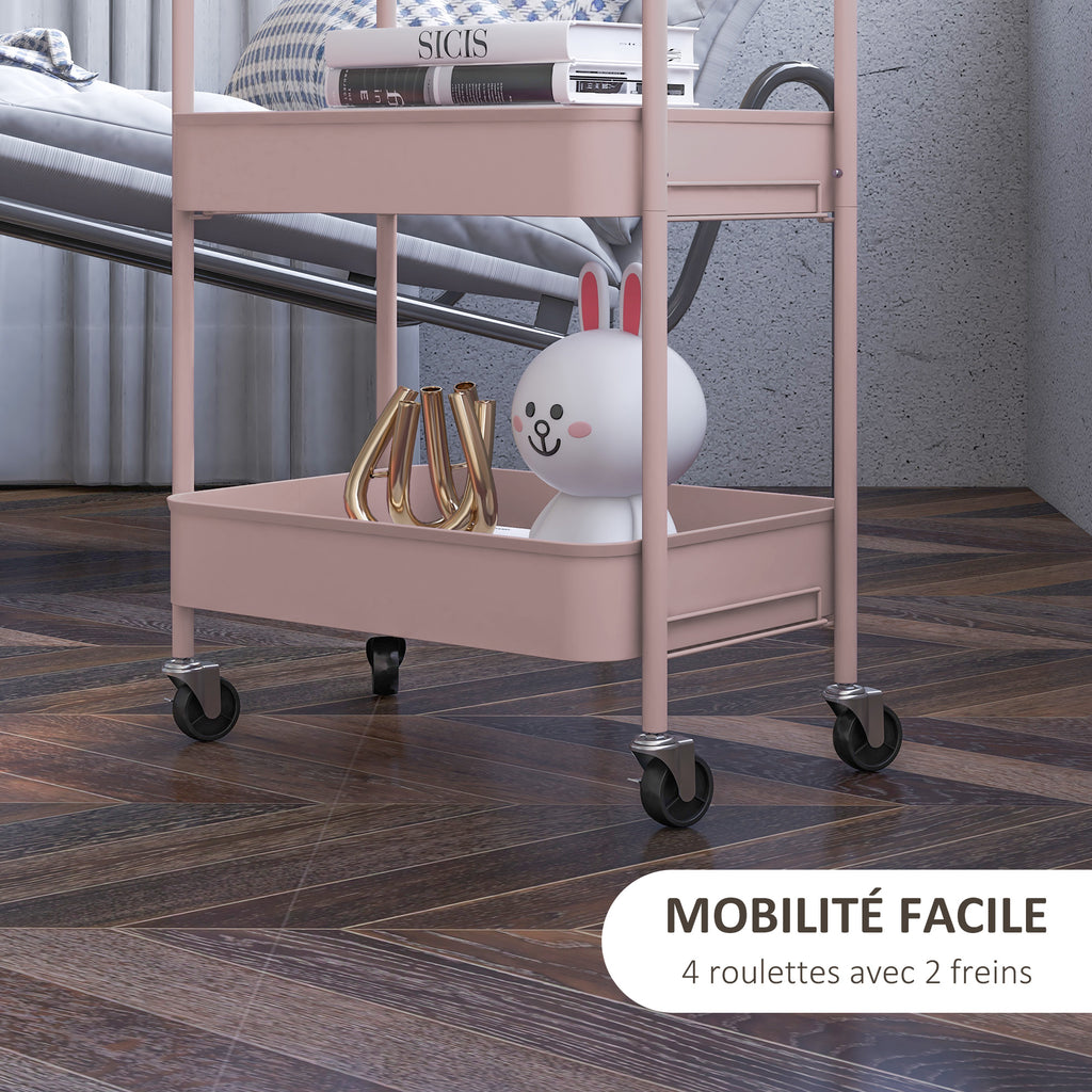 Desserte chariot de rangement en acier chariot de service à roulettes 3 plateaux ajourés 45 x 30,6 x 79 cm rose-4
