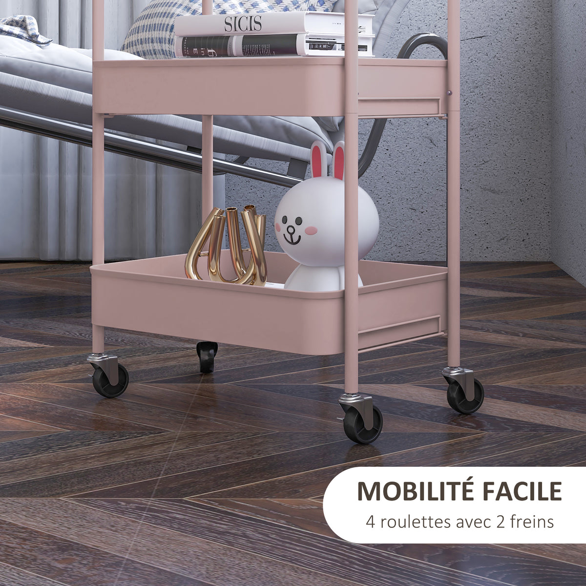 Desserte chariot de rangement en acier chariot de service à roulettes 3 plateaux ajourés 45 x 30,6 x 79 cm rose-4