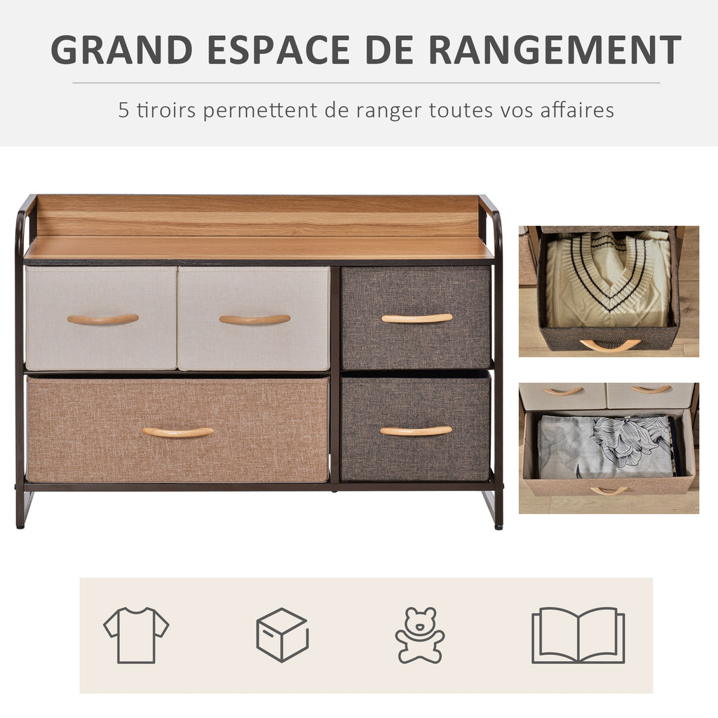 Commode Meuble de Rangement 5 tiroirs en Tissu 87,5 x 29 x 58 cm Marron et Beige-5