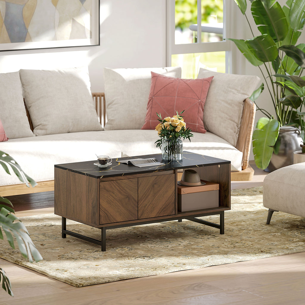 Table basse, table de salon, plateau effet marbre, 2 portes et 2 niches ouvertes, 100 x 50,8 x 45,7 cm, noyer-7