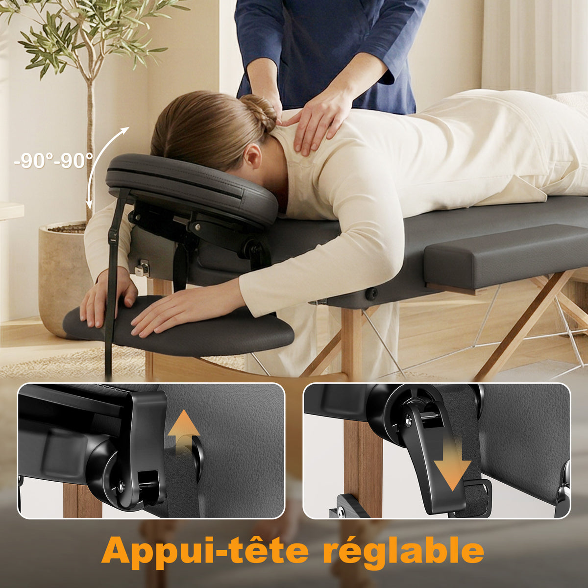Table de massage pliante, lit de massage 3 zones portable 185 x 60 cm, hauteur et dossier réglables, appui-tête, gris-4