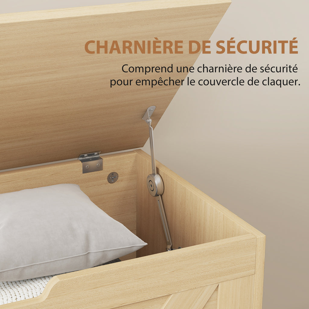 Coffre de rangement, banc de rangement avec couvercle rabattable et charnières de sécurité, 80 x 40 x 45 cm, bois naturel-4
