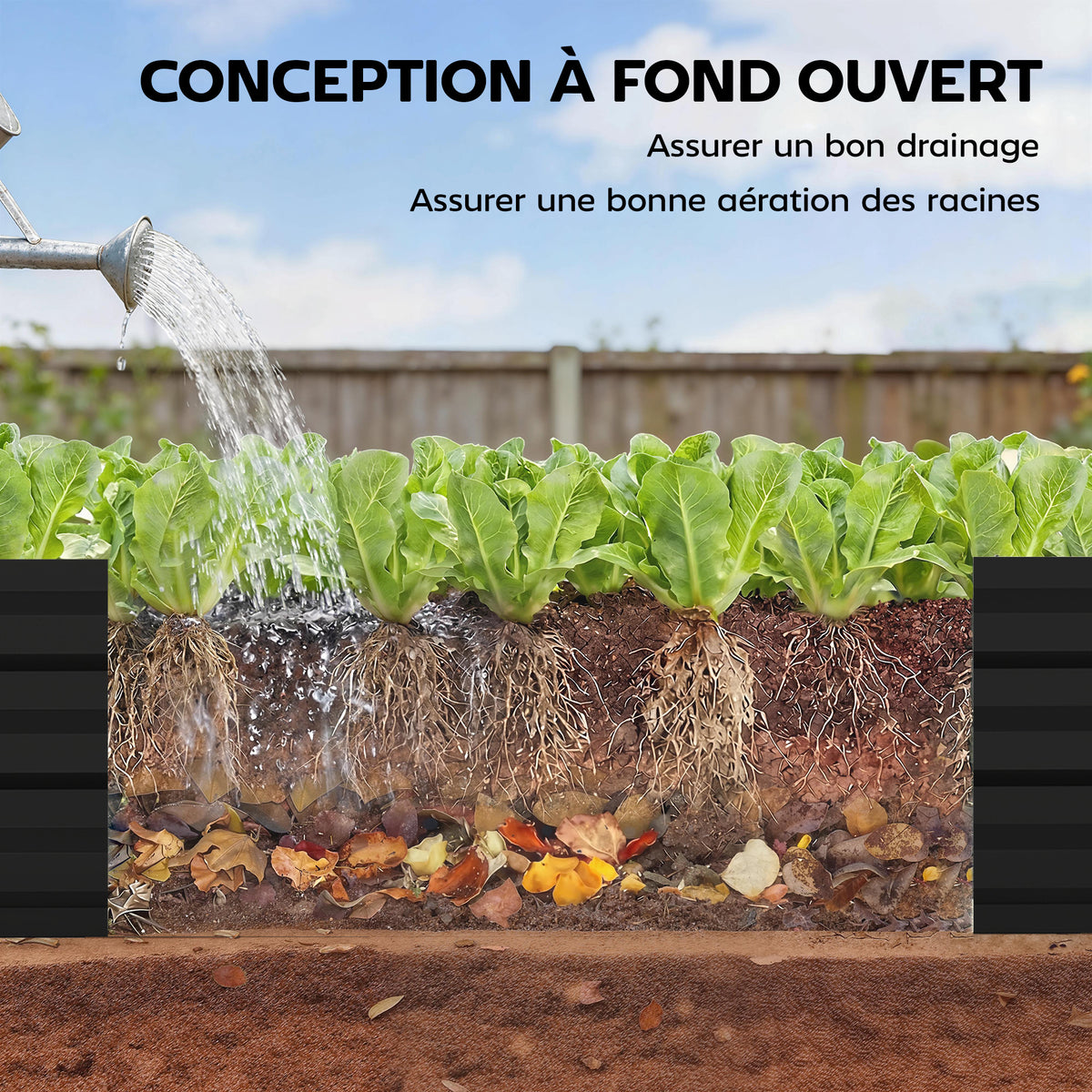 Jardinière rectangulaire potager de jardin en acier galvanisé bordure de sécurité et fond ouvert 150x70x30cm gris foncé-4