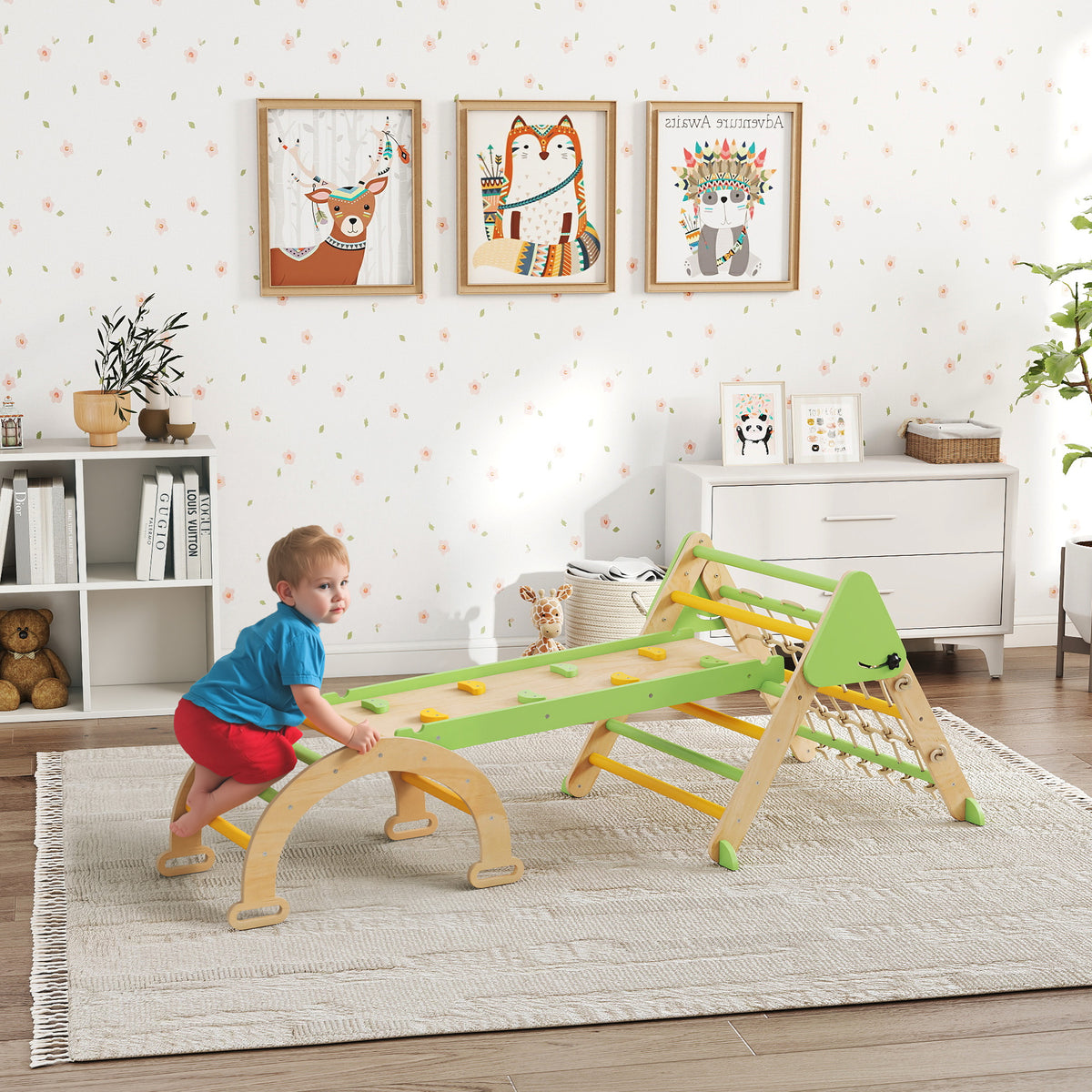 Triangle d'escalade enfants 8 en 1 avec rampe double face, arc d'escalade en bois avec toboggan & échelle, vert-1