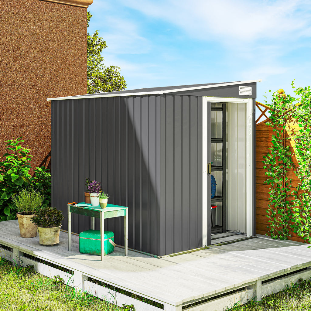 Abri de jardin 2,81 m² avec fondation, abri à outils extérieur adossé en acier galvanisé, 154x206,5x181cm, gris foncé-1