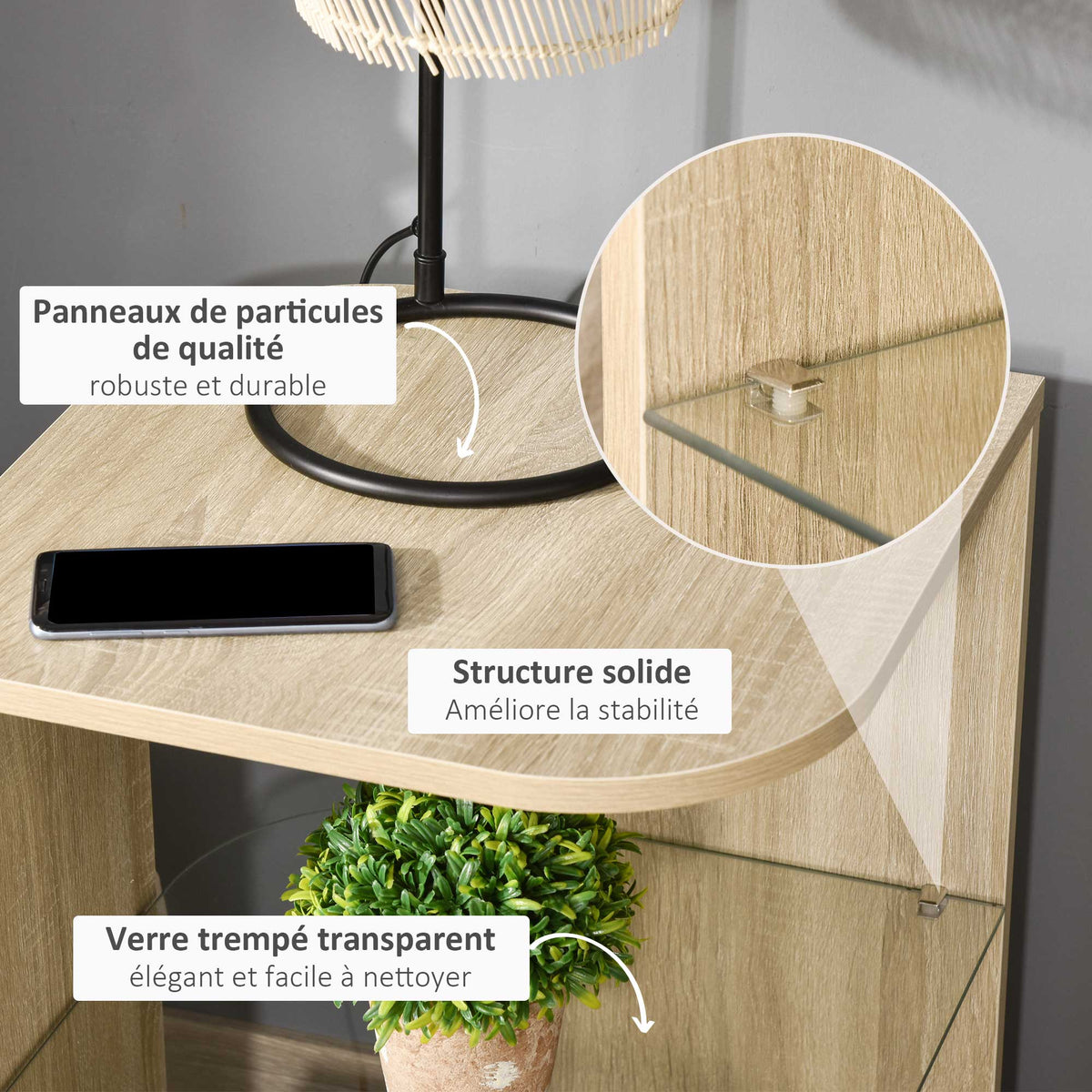 Table d'Appoint Guéridon Design Contemporain Bout de Canapé étagère Verre trempé Bois naturel-3