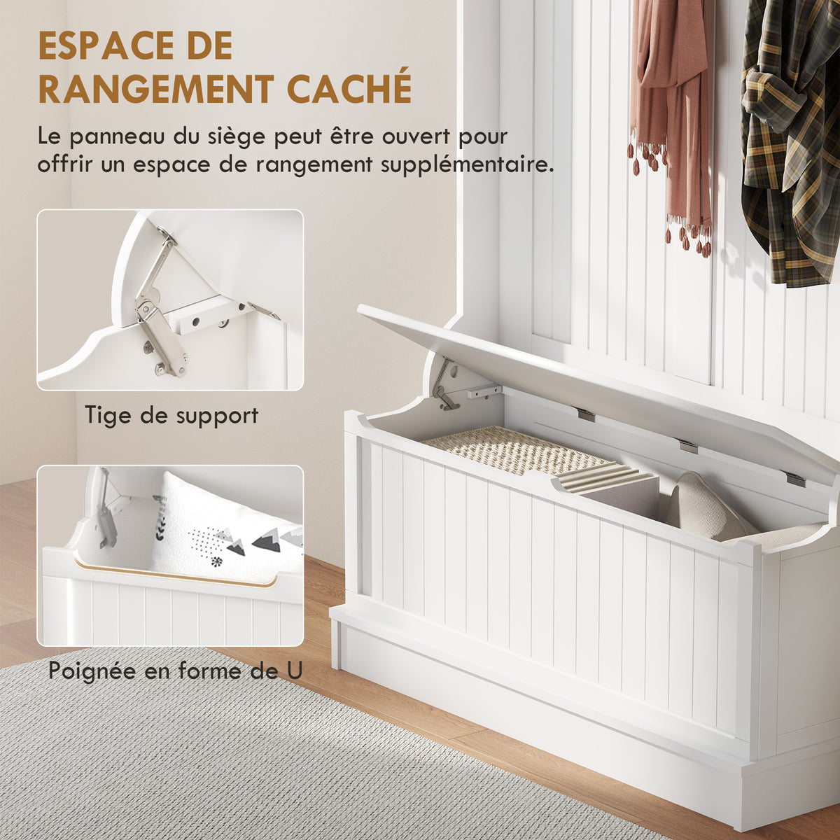 Meuble d'entrée avec banc porte manteaux 3 en 1 5 crochets banc de rangement pour salon couloir 96 x 34 x 179,7 cm crème-5