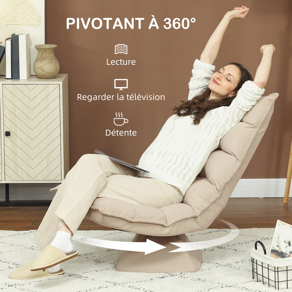 Fauteuil de sol paresseux fauteuil relax design capitonné inclinaison dossier réglable pivotant 360° revêtement lin beige-4