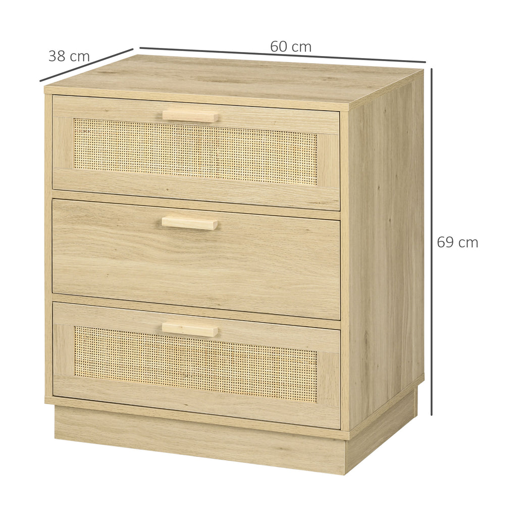 Commode design bohème en rotin avec 3 tiroirs, meuble de rangement pour le salon, le couloir, l'entrée, bois naturel-2
