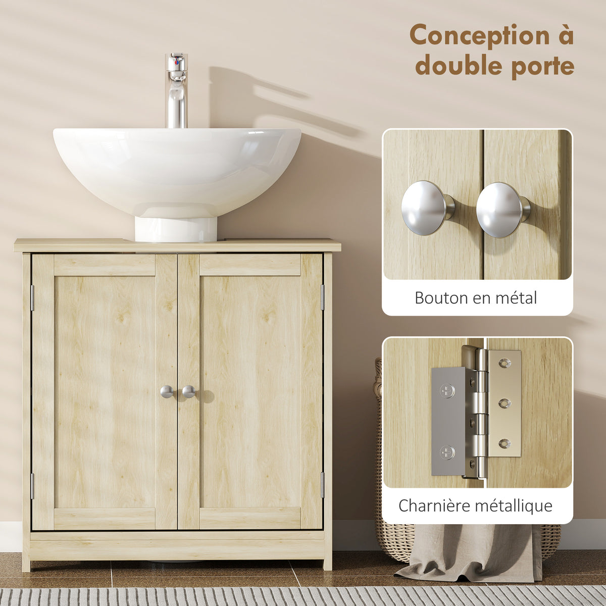 Meuble Salle de Bain sous Lavabo, Meuble sous-Vasque, Placard 2 Portes avec Étagère, 60x30x60cm, Chêne-6