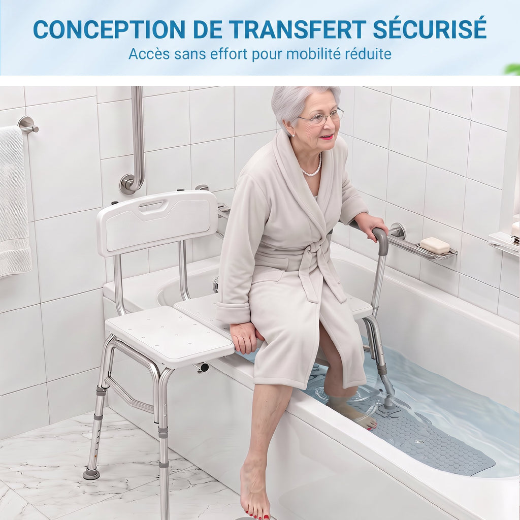 Banc de Transfert Baignoire, Hauteur Réglable à 10 Niveaux, Large Assise, Dossier, Accoudoir, 86x60x89-101cm, Blanc-3