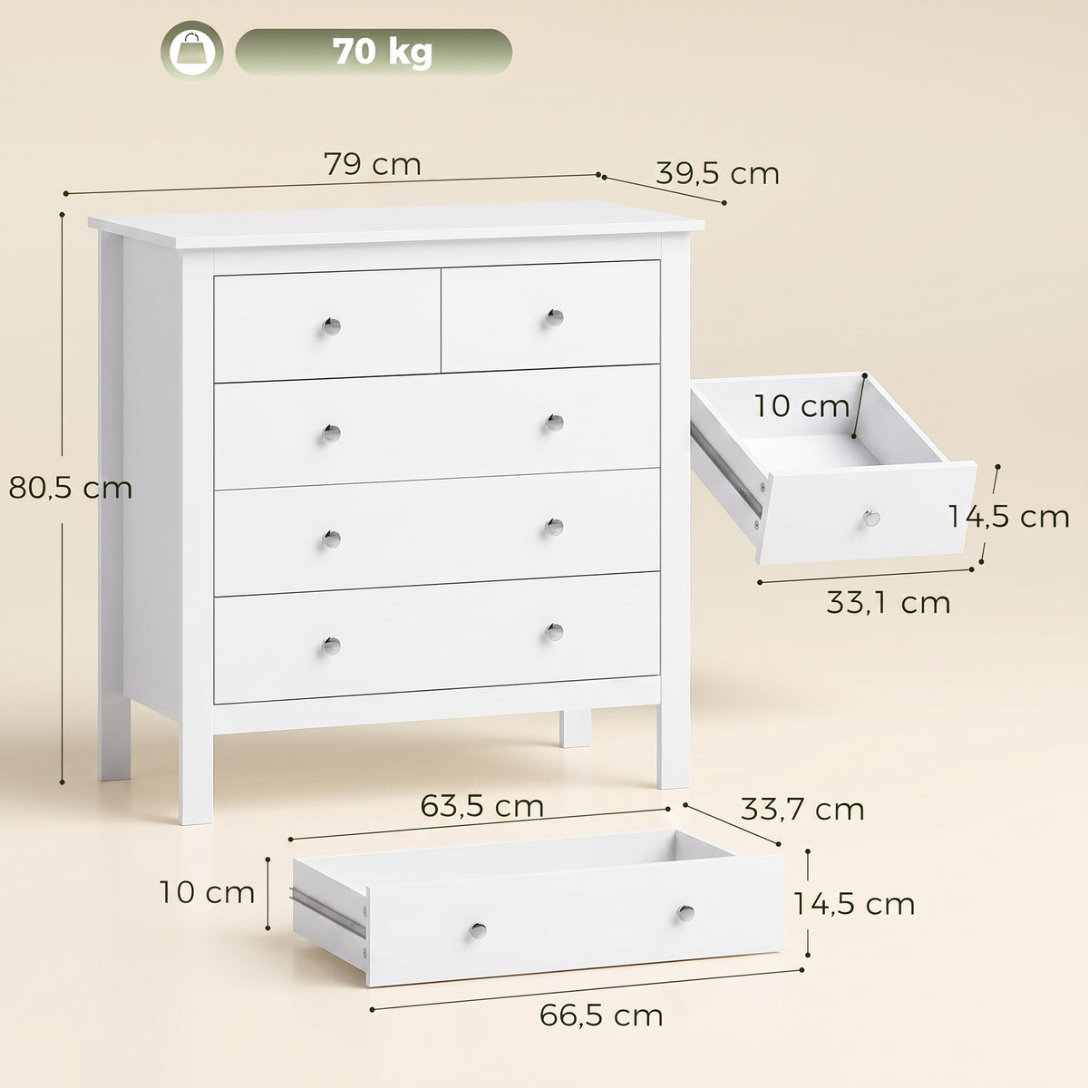 Commode à 5 tiroirs, meuble de rangement, avec poignées, glissières métalliques,  en bois, 79l x 39,5P x 80,5H cm, blanc-2