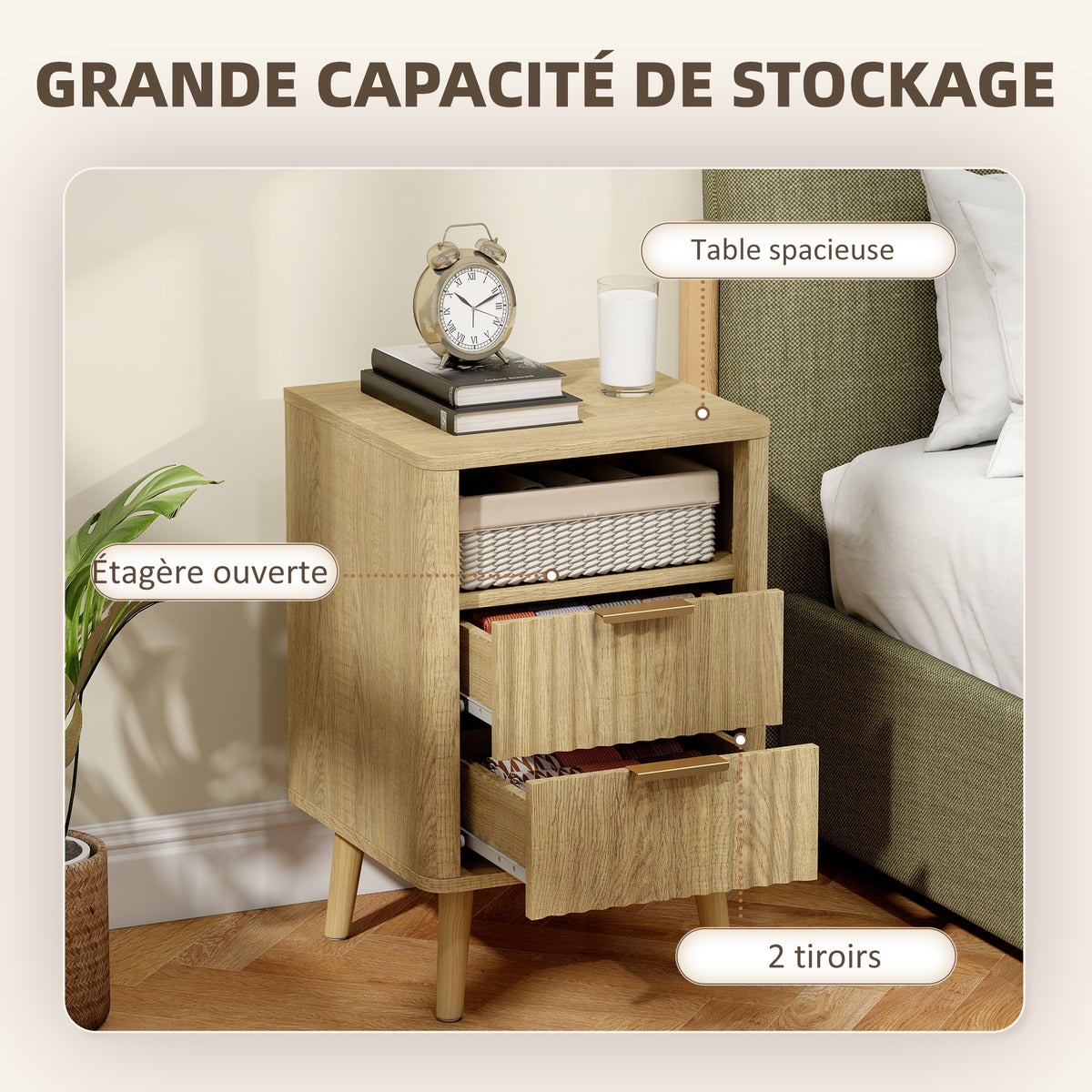 Lot de 2 tables de chevet, tables de nuit avec 2 tiroirs et compartiment ouvert, coins arrondis, 40 x 40 x 61 cm, chêne-3