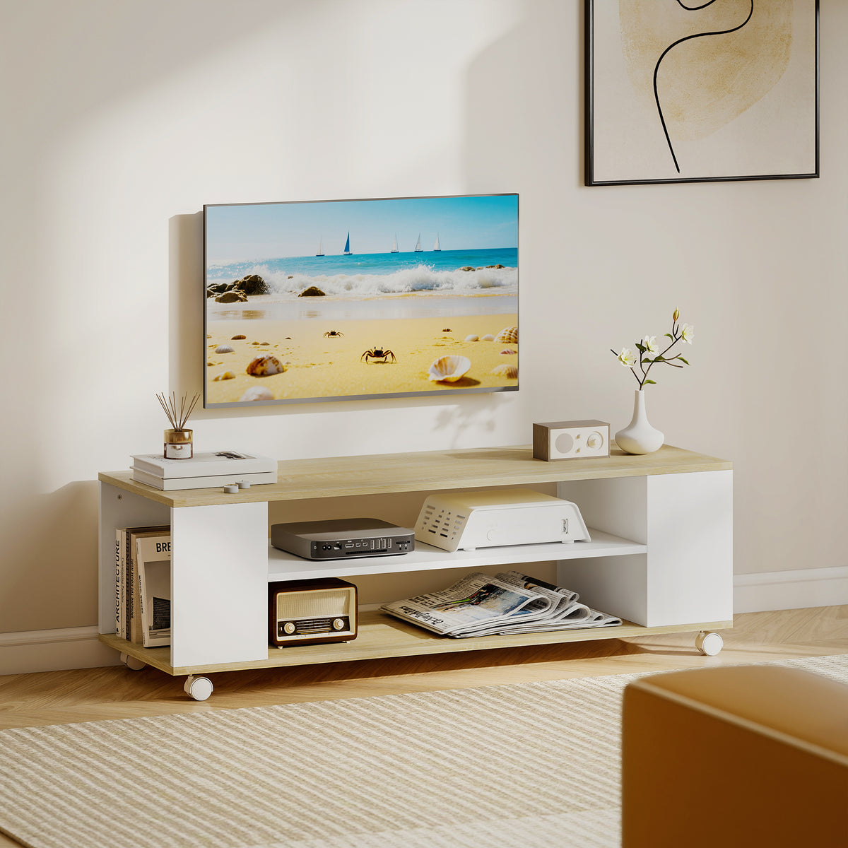 Meuble TV avec roulettes 120 cm, meuble télé pour téléviseur jusqu'à 55 pouces, 2 étagères ouvertes, blanc et naturel-1