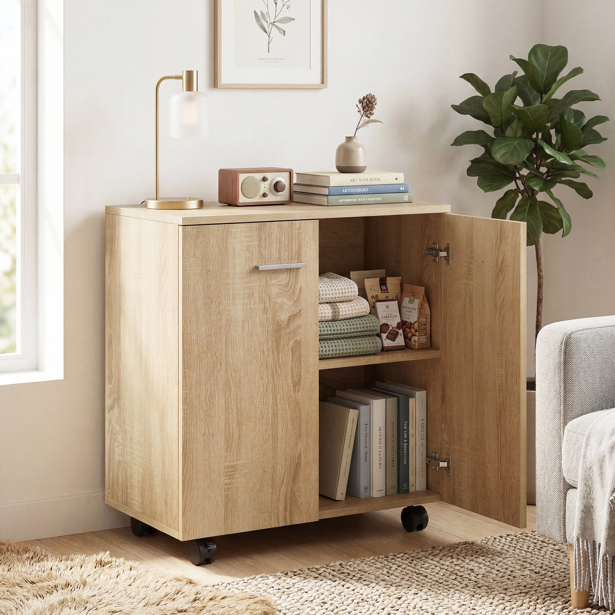Meuble de Rangement Buffet bas sur roulettes avec 2 Portes étagère Interne 60 x 35 x 65 cm bois naturel-1