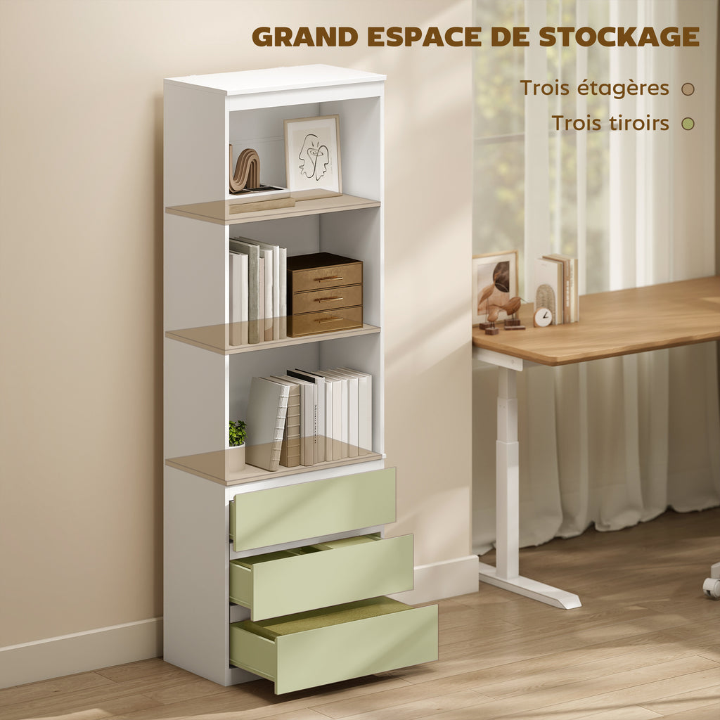 Bibliothèque haute de 180 cm avec 3 étagères et 3 tiroirs 60 x 35 x 180 cm en bois blanc-3
