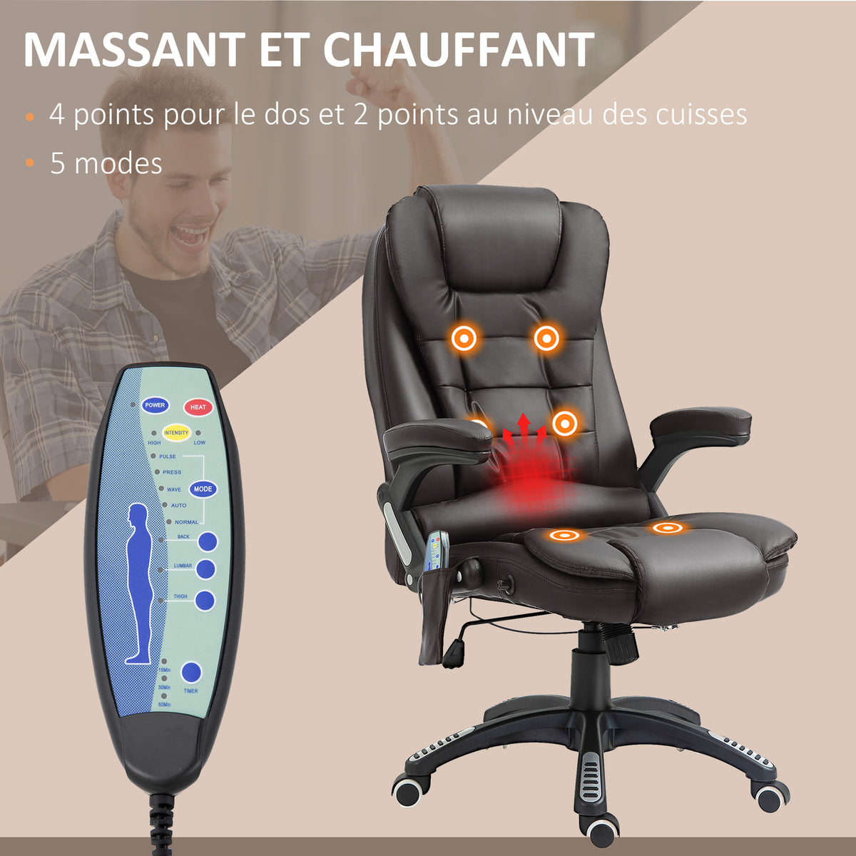 Fauteuil de bureau massant et chauffant électrique fauteuil bureau ergonomique revêtement synthétique brun-3
