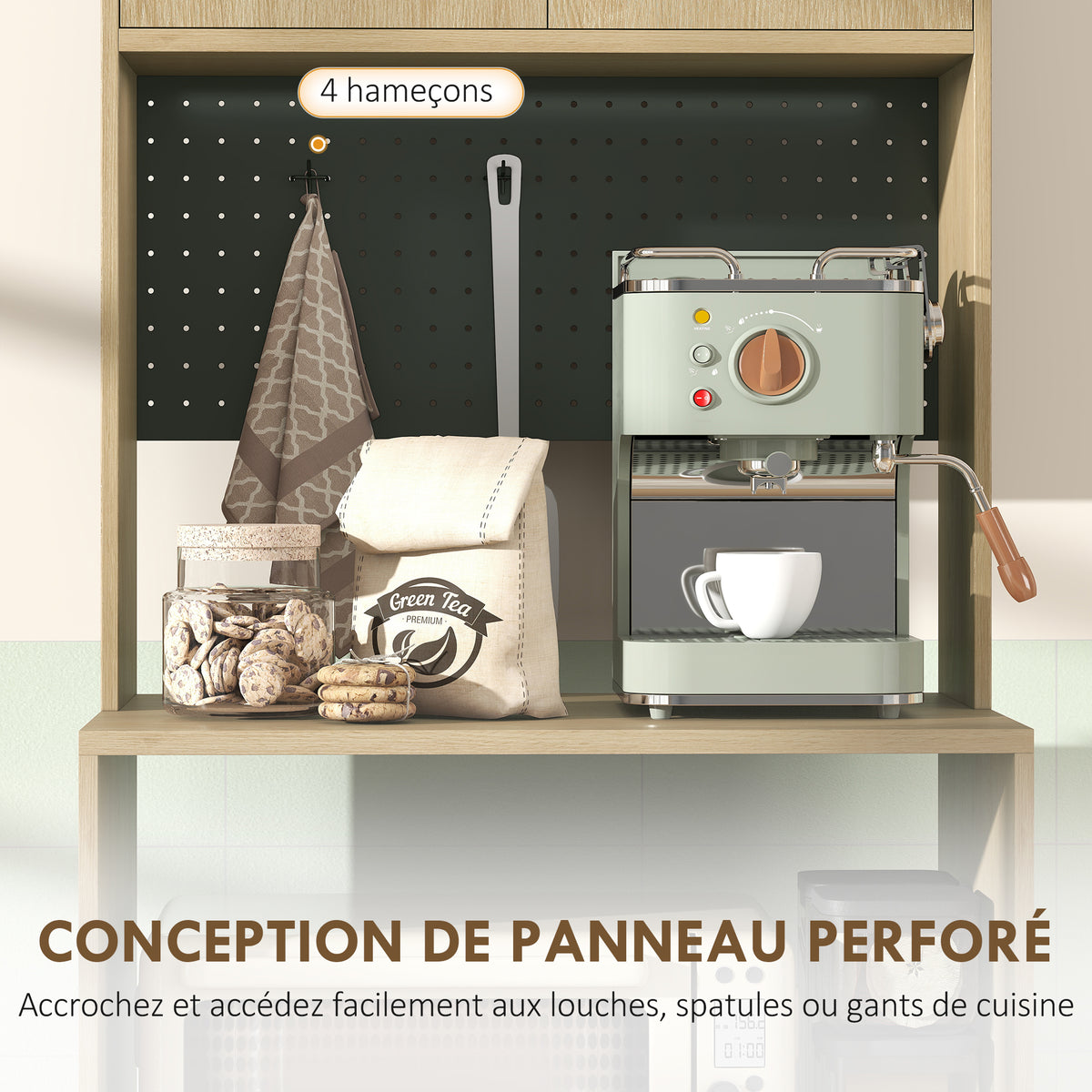 Meuble micro-ondes, buffet, 2 tiroirs, 2 portes, plan de travail, étagère réglable, panneau perforé, 4 crochets, naturel-4