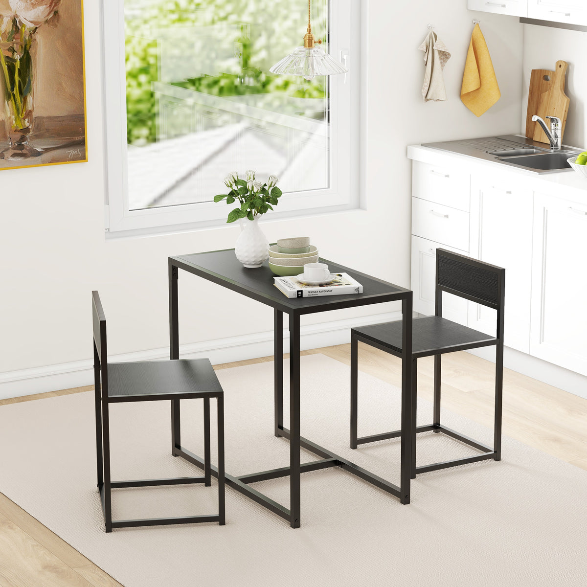 Ensemble table et chaises , table à manger 3 pièces avec 2 chaises encastrables, pour cuisine salon maison, noir-7