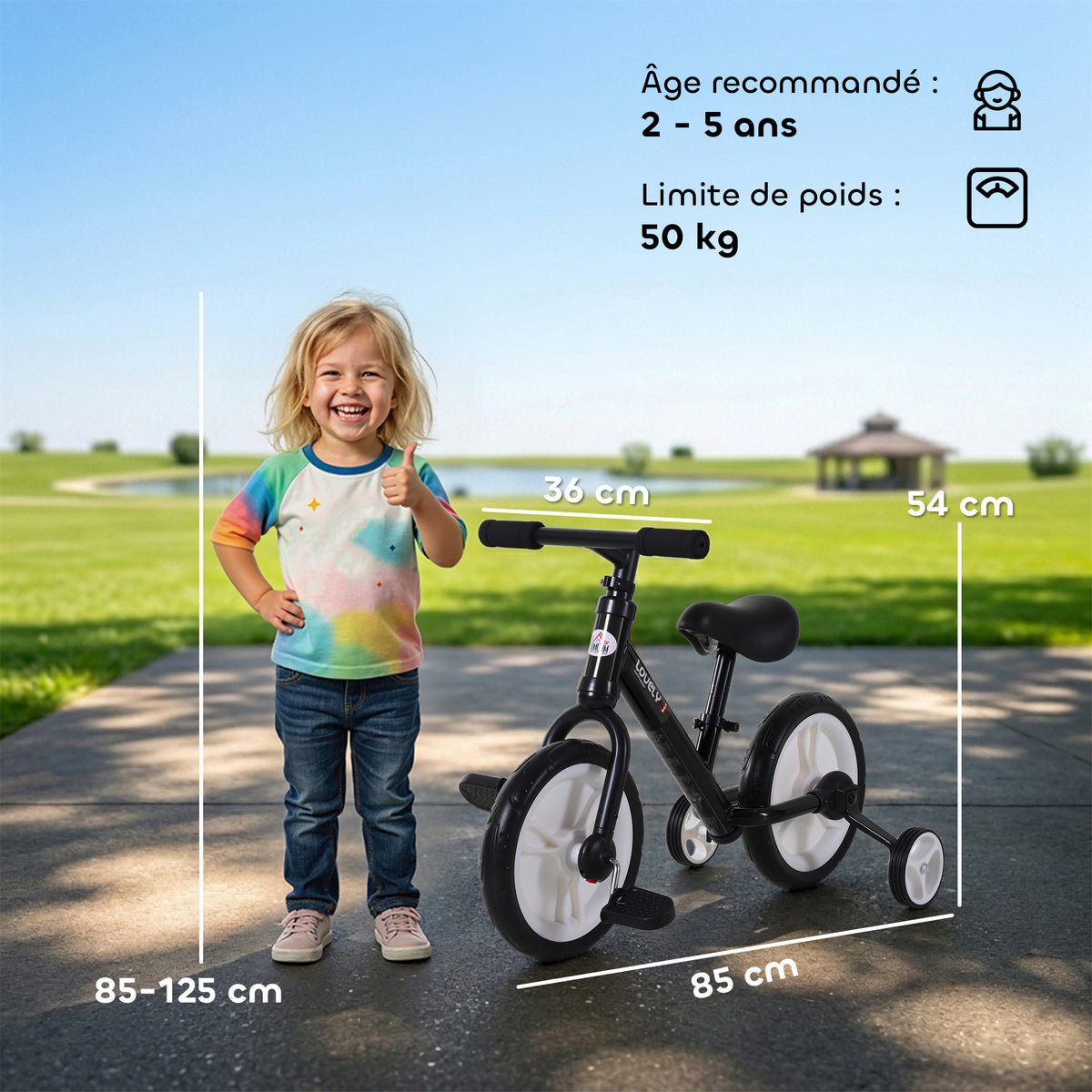 Vélo Enfant draisienne 2 en 1 roulettes et pédales Amovibles Roues 12" Hauteur Selle réglable pour enfants de 2 à 5 ans Acier Noir-2