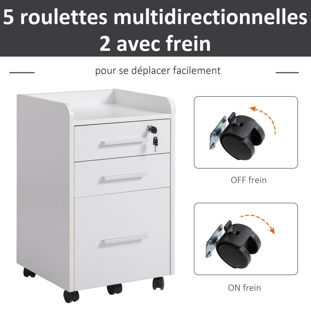 Caisson de bureau rangement bureau sur roulettes 3 tiroirs 1 verrouillable 1 trieur dossiers en bois blanc-5