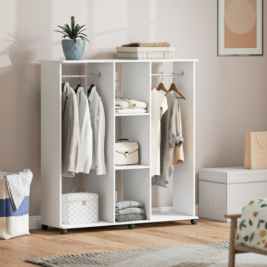 Armoire penderie meuble de rangement mobile 6 roulettes 120 x 40 x 128 cm en bois blanc-1
