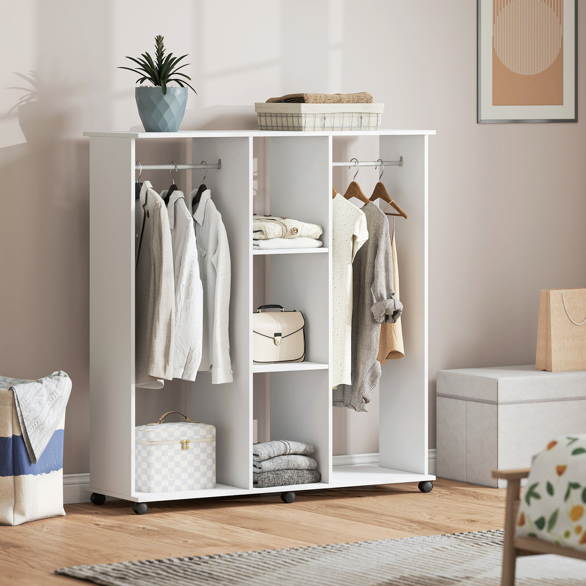 Armoire penderie meuble de rangement mobile 6 roulettes 120 x 40 x 128 cm en bois blanc-1